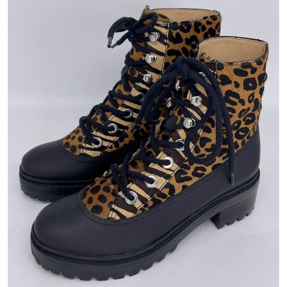 Schutz Mafalda Leopard Print Combat Boots Black Tan Women's Size 8B - Picture 2 of 9